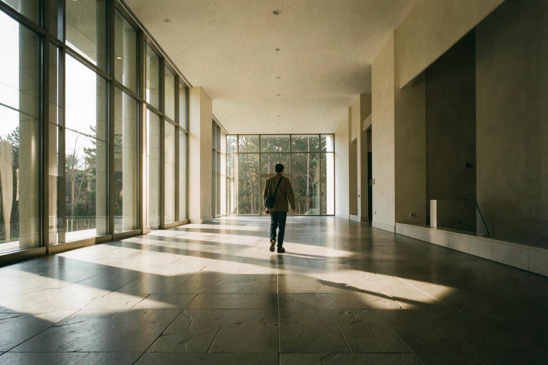 Une personne traverse un vaste espace architectural baigné de lumière naturelle